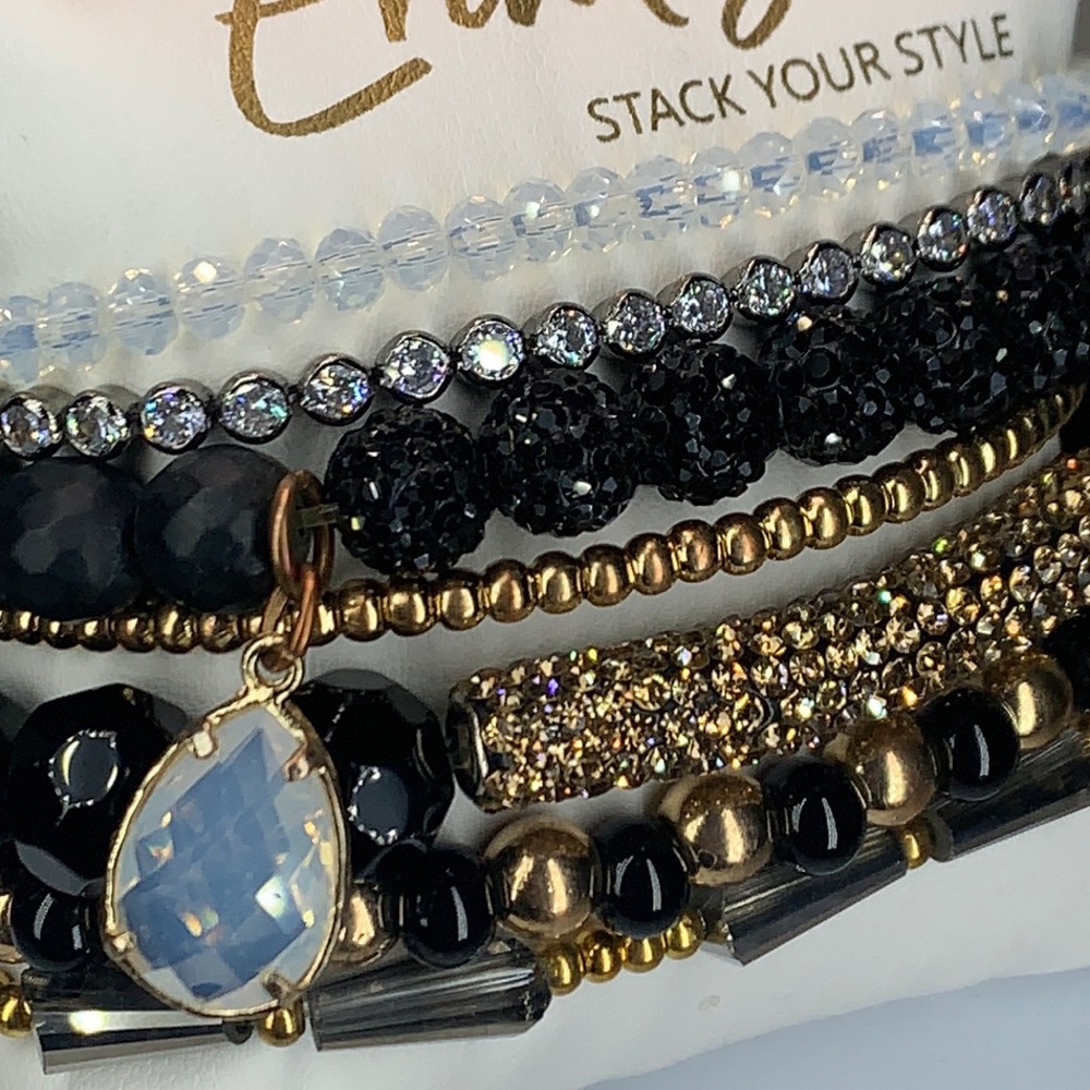 Erimish Tear Drop Stack 5 stretch bracelets,1 cuff, shambala bar, slider & charm